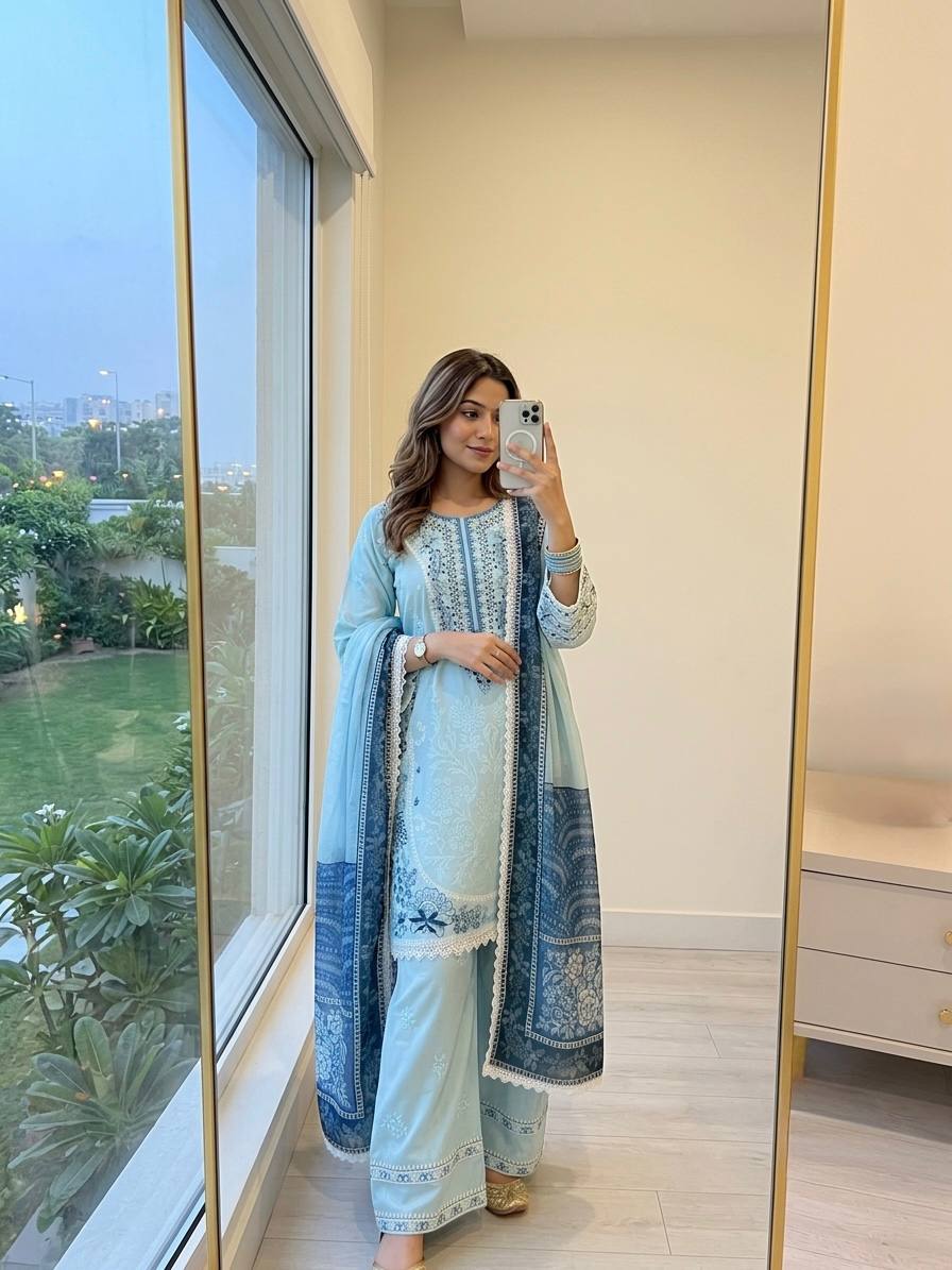 Sky Blue Designer Farshi Palazzo Suit