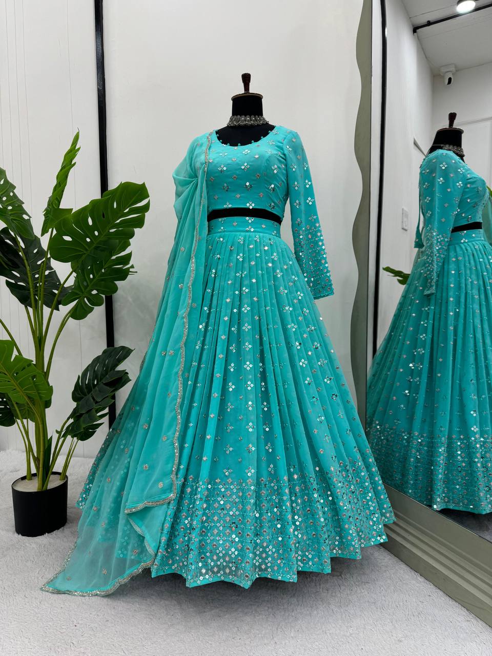 Sky Blue Designer Faux Georgette Semi-Stitched Lehenga Set with 9mm Sequin Embroidery & Cutwork Dupatta