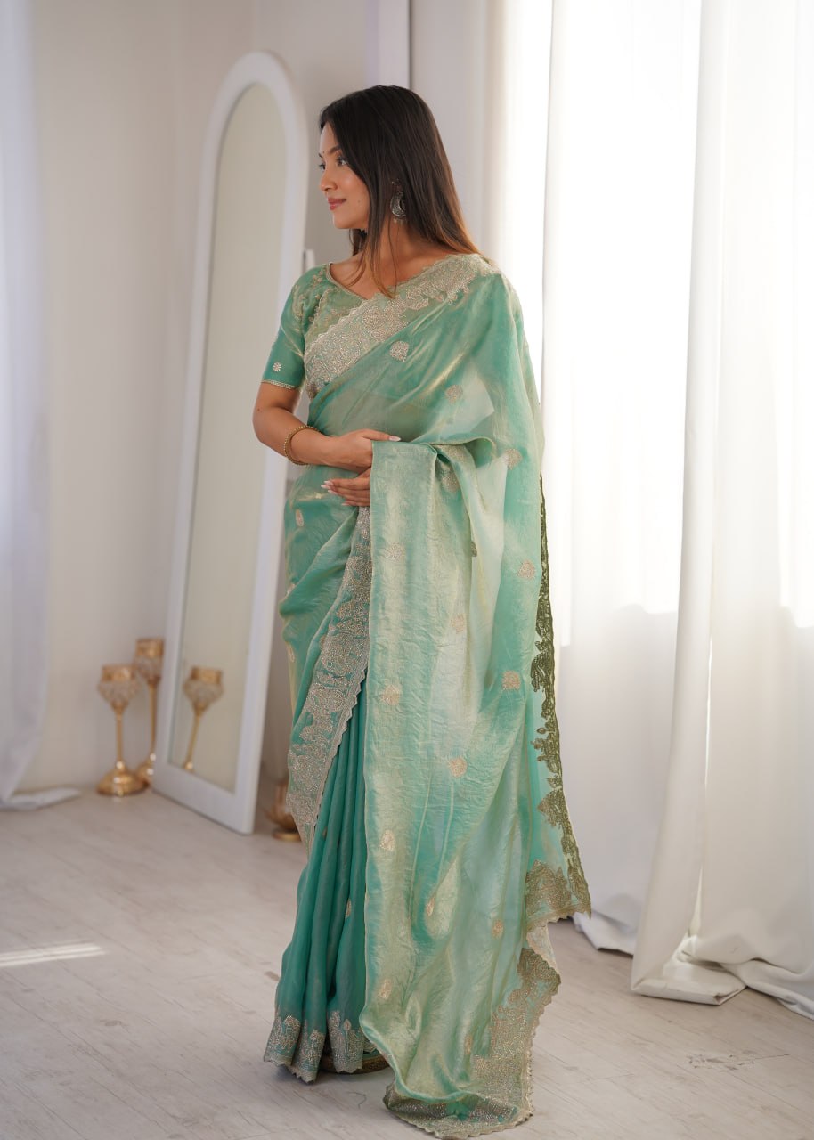 Sky Blue Designer Fendy Crush Saree