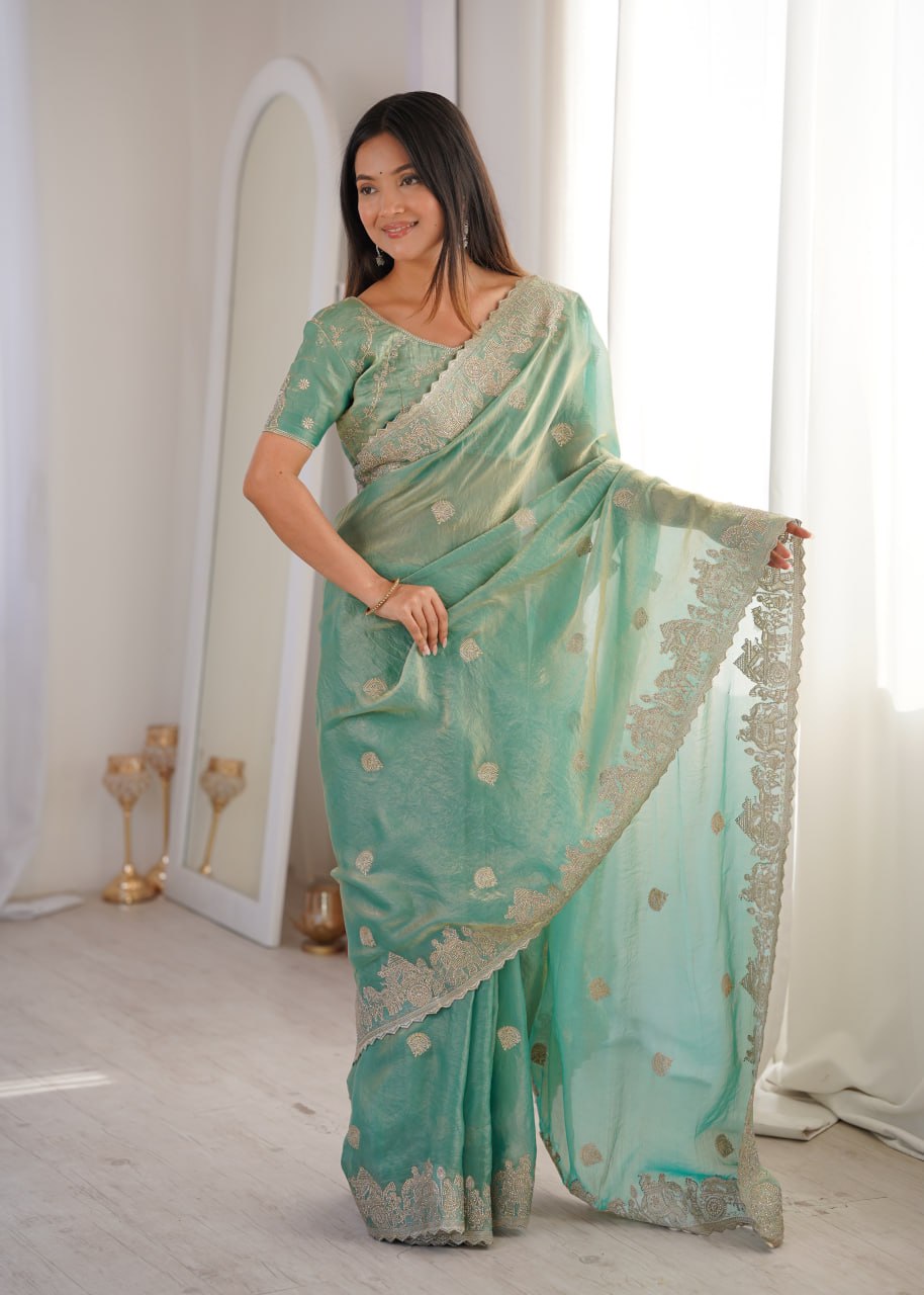 Sky Blue Designer Fendy Crush Saree
