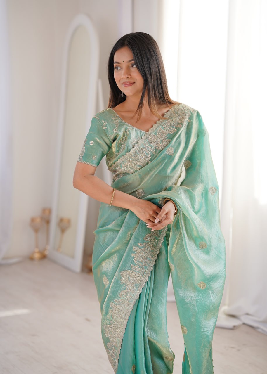 Sky Blue Designer Fendy Crush Saree