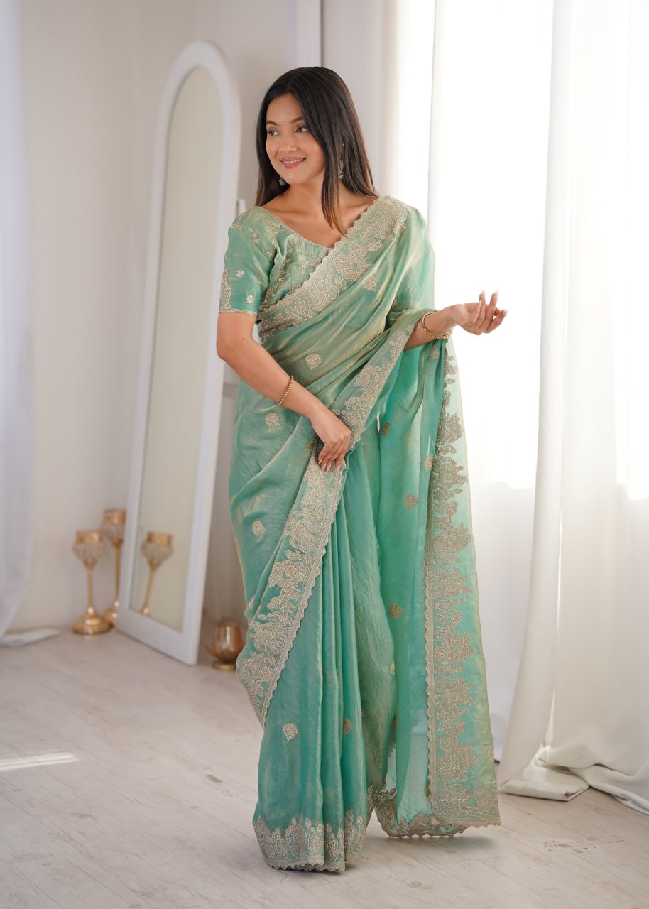 Sky Blue Designer Fendy Crush Saree