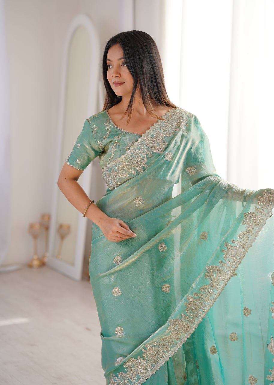 Sky Blue Designer Fendy Crush Saree
