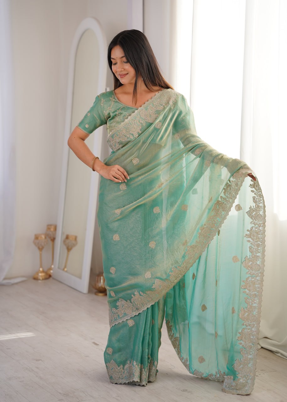Sky Blue Designer Fendy Crush Saree
