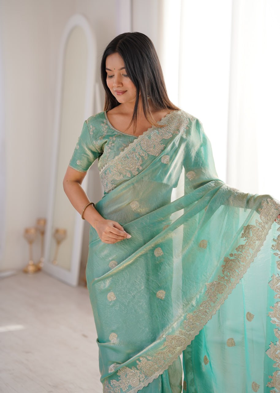 Sky Blue Designer Fendy Crush Saree