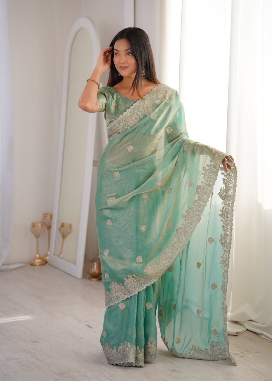 Sky Blue Designer Fendy Crush Saree