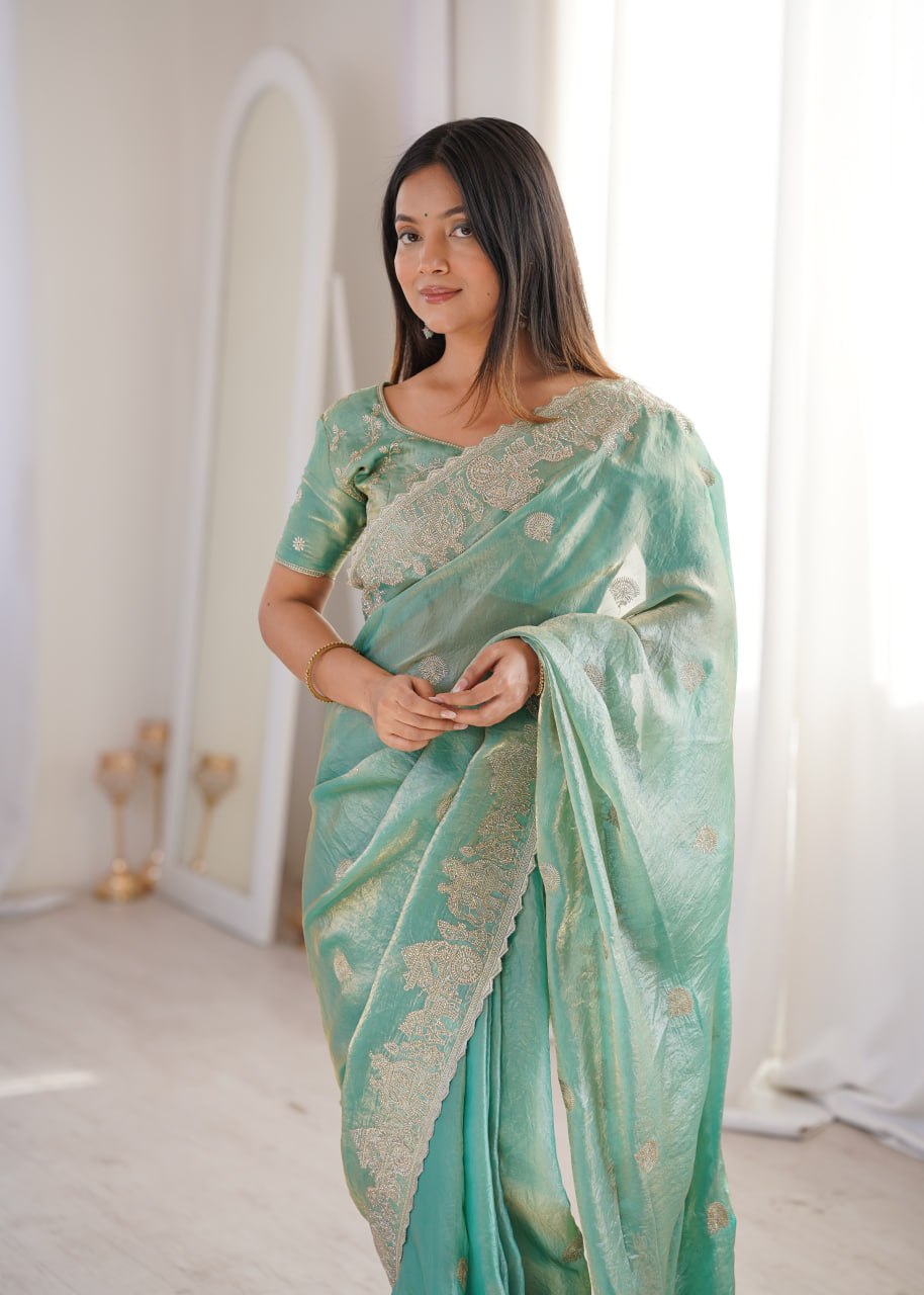 Sky Blue Designer Fendy Crush Saree
