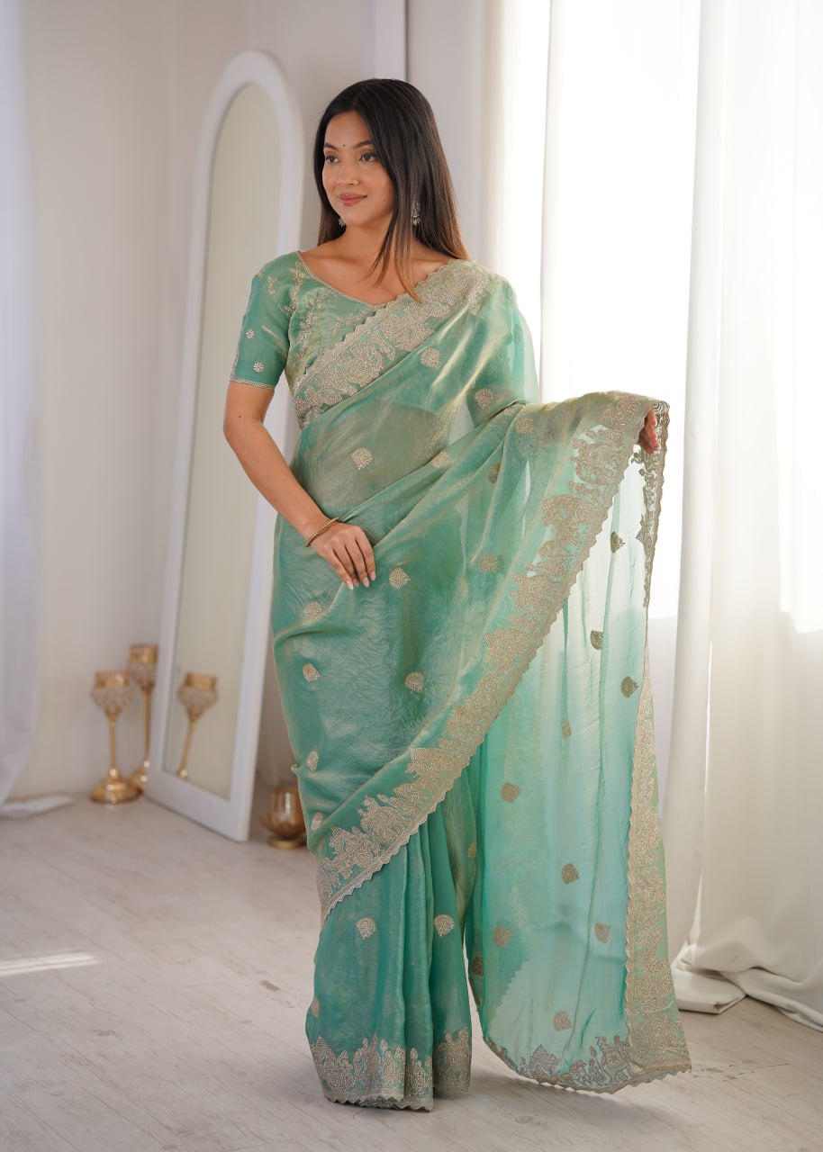Sky Blue Designer Fendy Crush Saree
