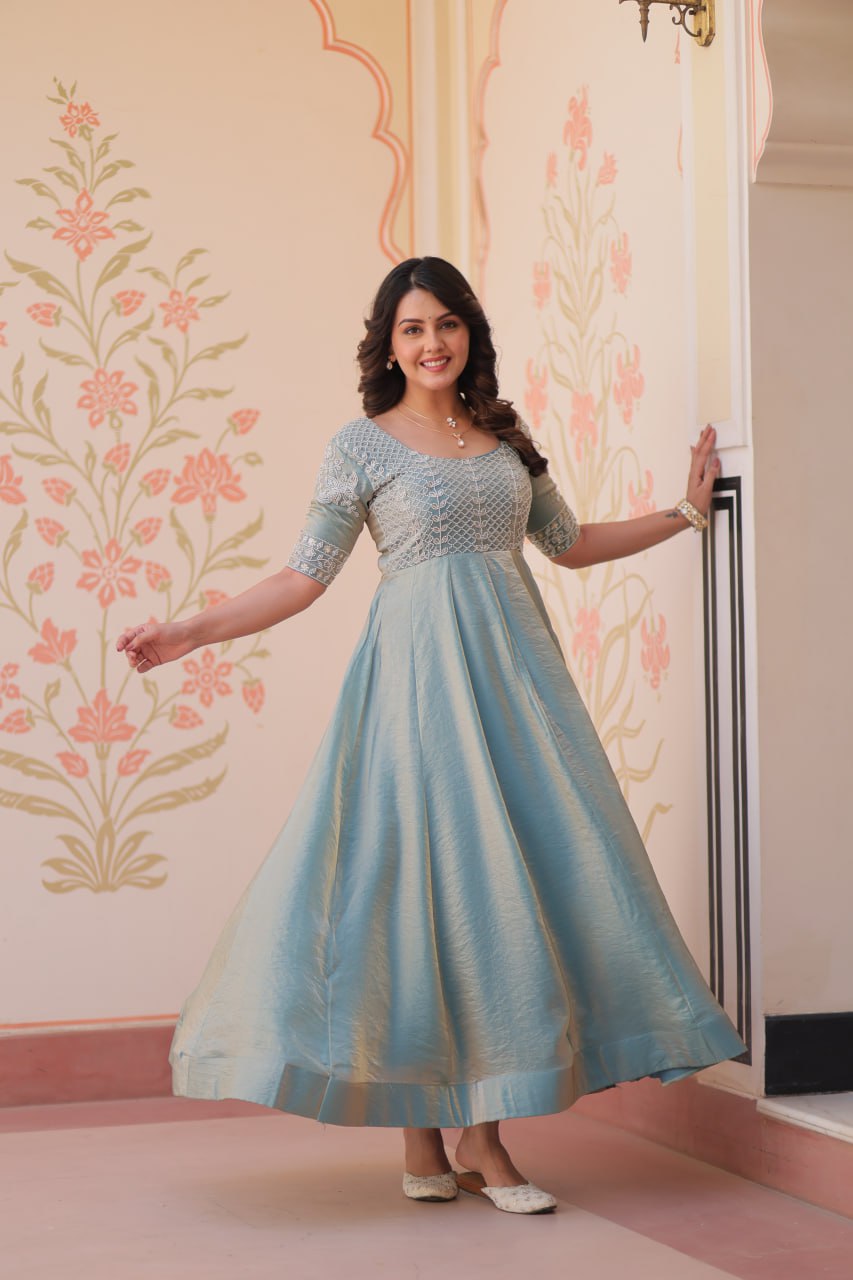 Sky Blue Designer Fendy Embroidered Gown with Bead Detailing Kali Pattern Stitch