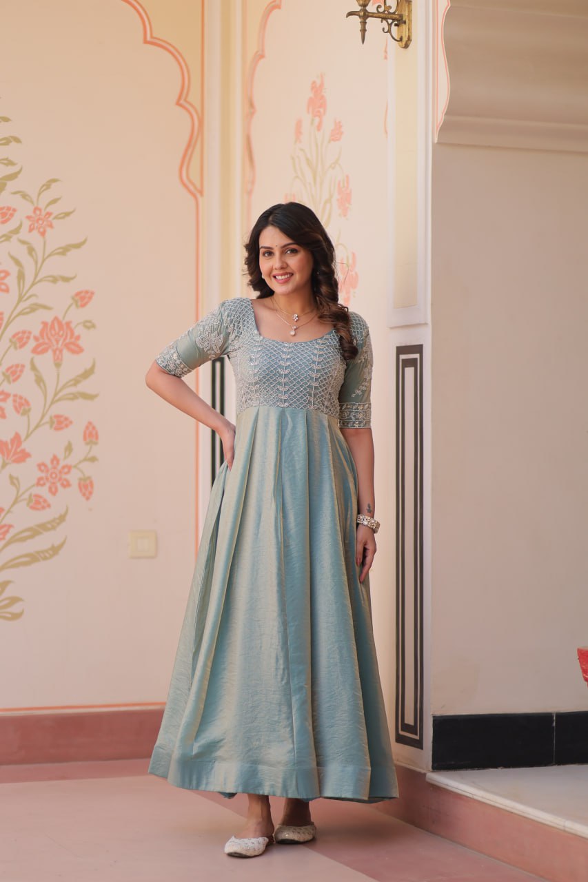 Sky Blue Designer Fendy Embroidered Gown with Bead Detailing Kali Pattern Stitch