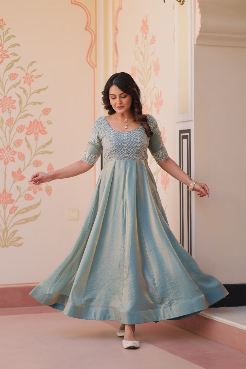Sky Blue Designer Fendy Embroidered Gown with Bead Detailing Kali Pattern Stitch