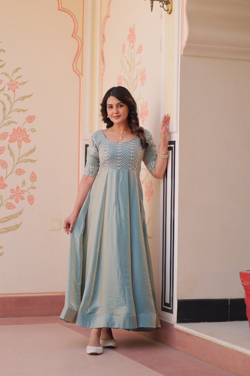 Sky Blue Designer Fendy Embroidered Gown with Bead Detailing Kali Pattern Stitch
