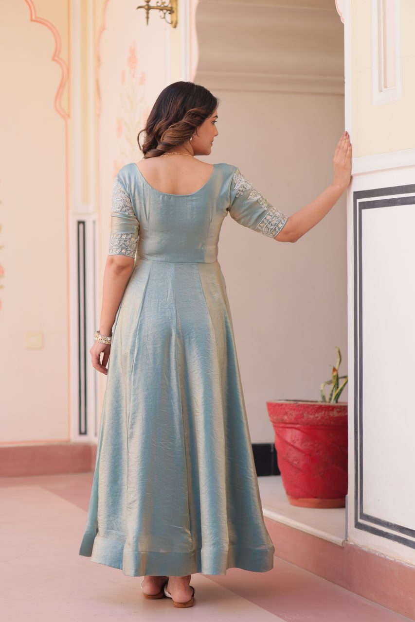 Sky Blue Designer Fendy Embroidered Gown with Bead Detailing Kali Pattern Stitch