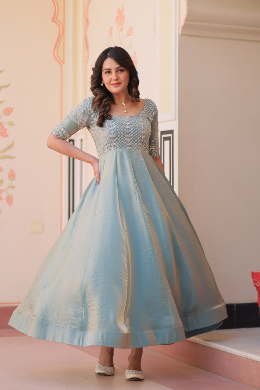 Sky Blue Designer Fendy Embroidered Gown with Bead Detailing Kali Pattern Stitch
