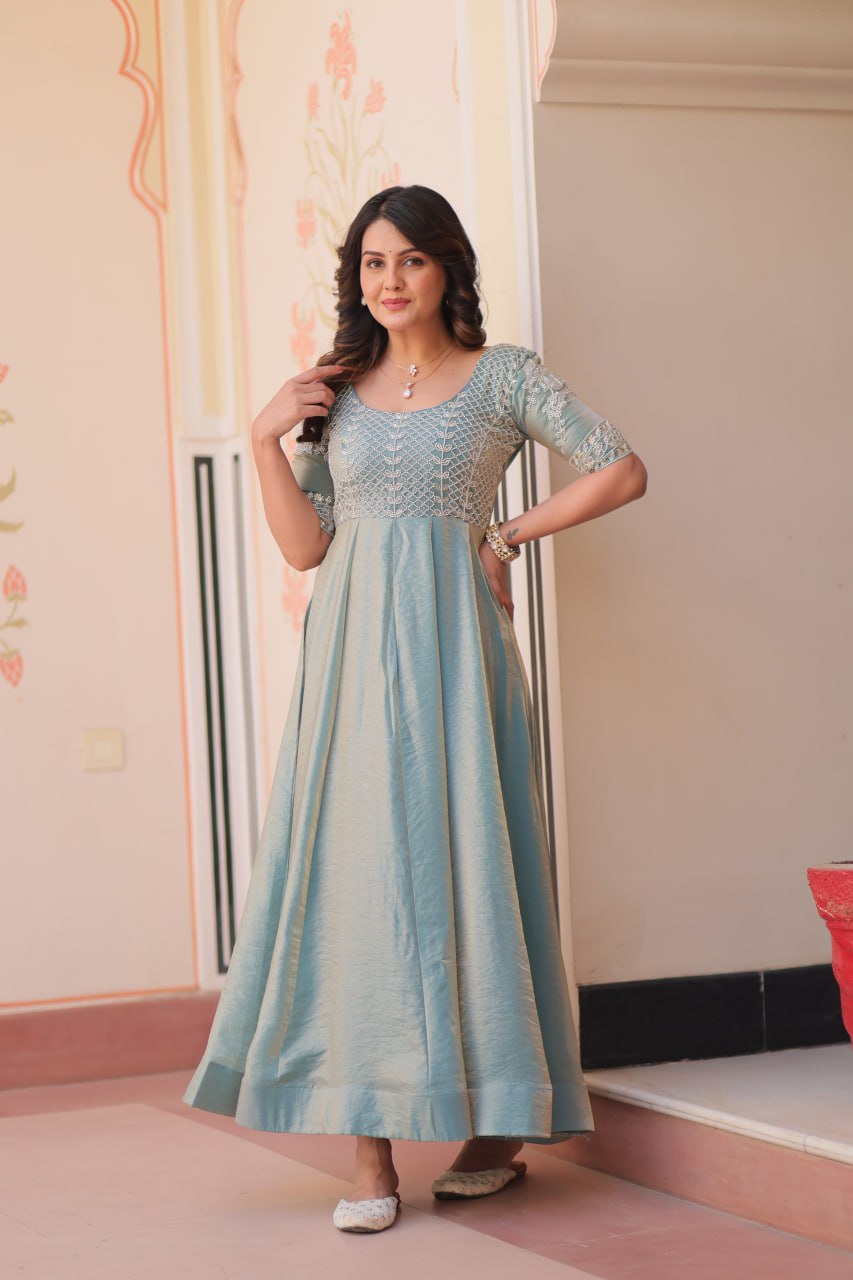 Sky Blue Designer Fendy Embroidered Gown with Bead Detailing Kali Pattern Stitch