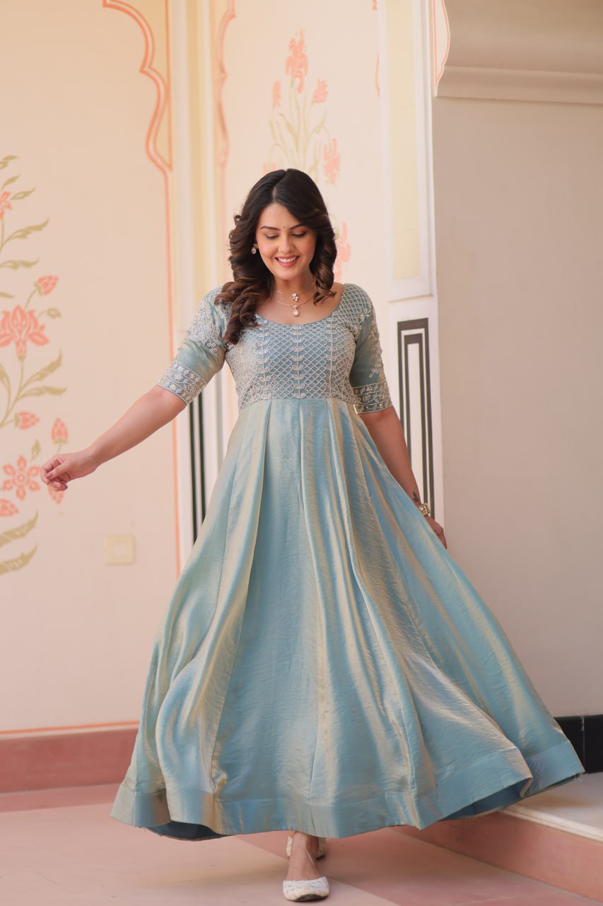 Sky Blue Designer Fendy Embroidered Gown with Bead Detailing Kali Pattern Stitch