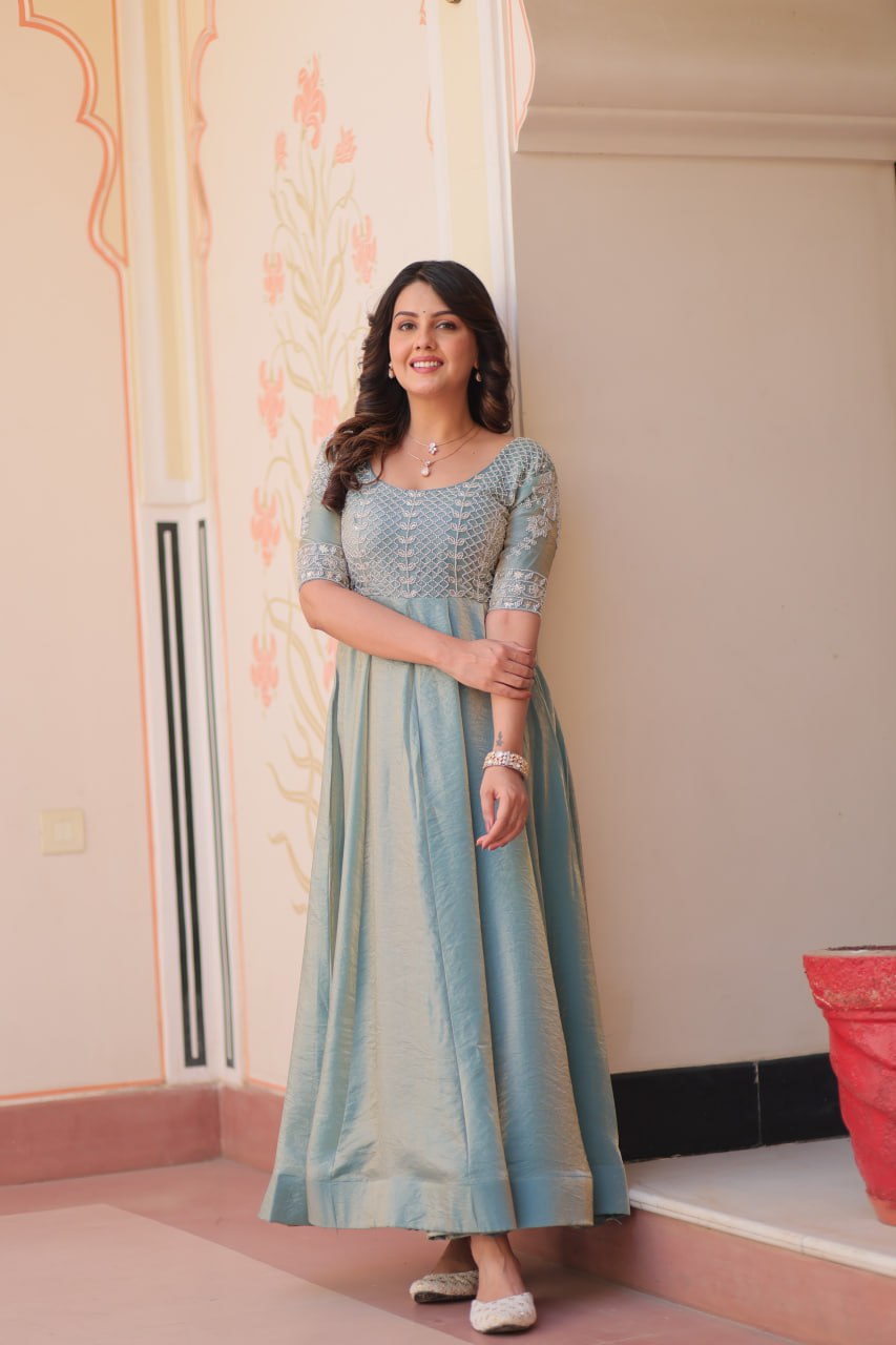 Sky Blue Designer Fendy Embroidered Gown with Bead Detailing Kali Pattern Stitch