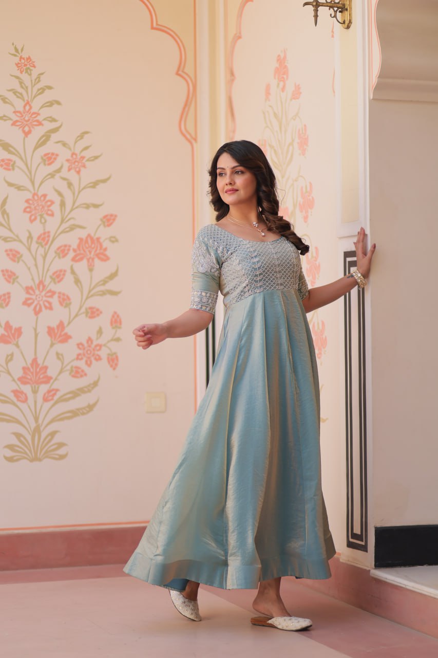 Sky Blue Designer Fendy Embroidered Gown with Bead Detailing Kali Pattern Stitch