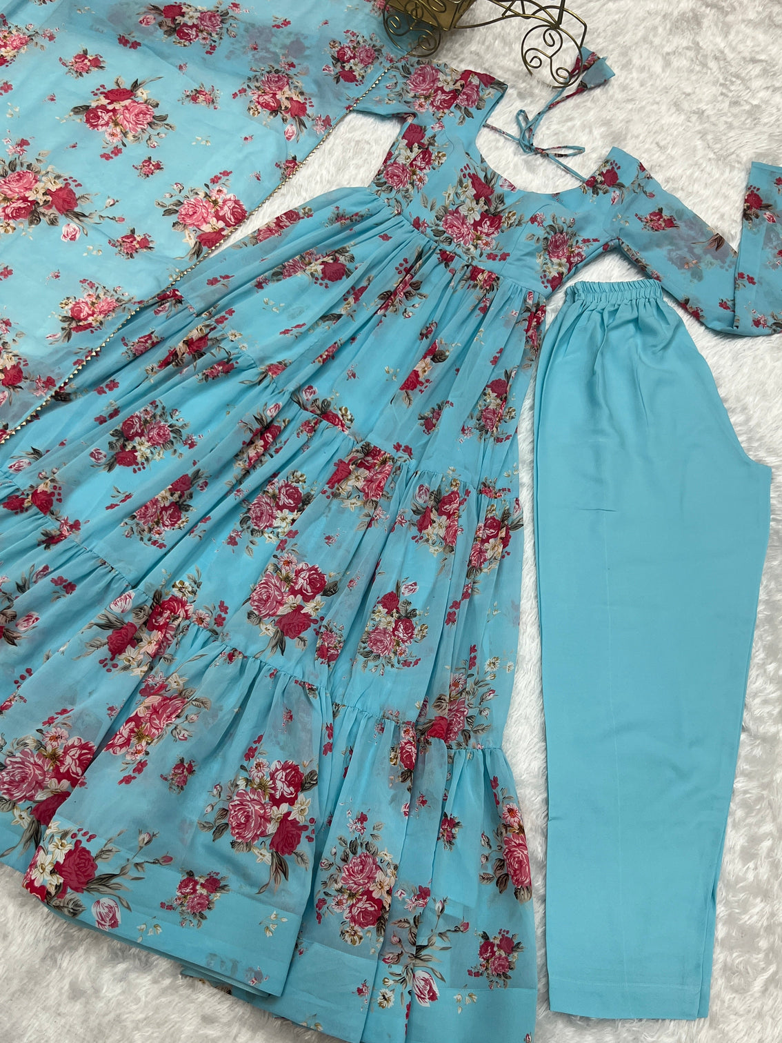 Sky Blue Designer Floral Print Anarkali Set with Dupatta & Pant Ready-to-Wear Festive & Wedding Outfit