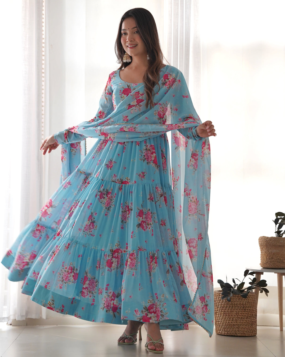 Sky Blue Designer Floral Print Anarkali Set with Dupatta & Pant Ready-to-Wear Festive & Wedding Outfit