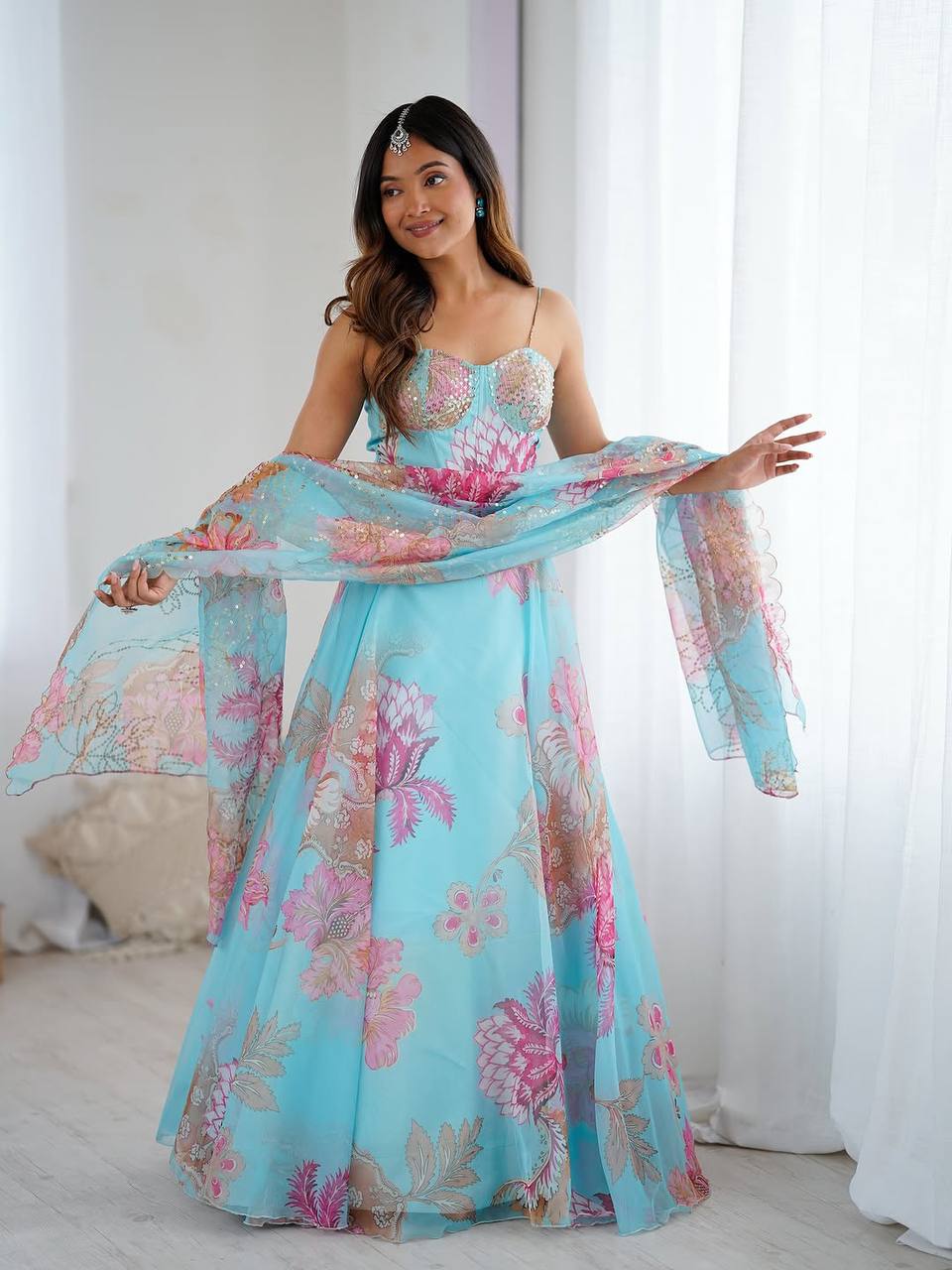 Sky Blue Designer Organza Lehenga Set with Corset Blouse, Embroidered Dupatta & Batwa