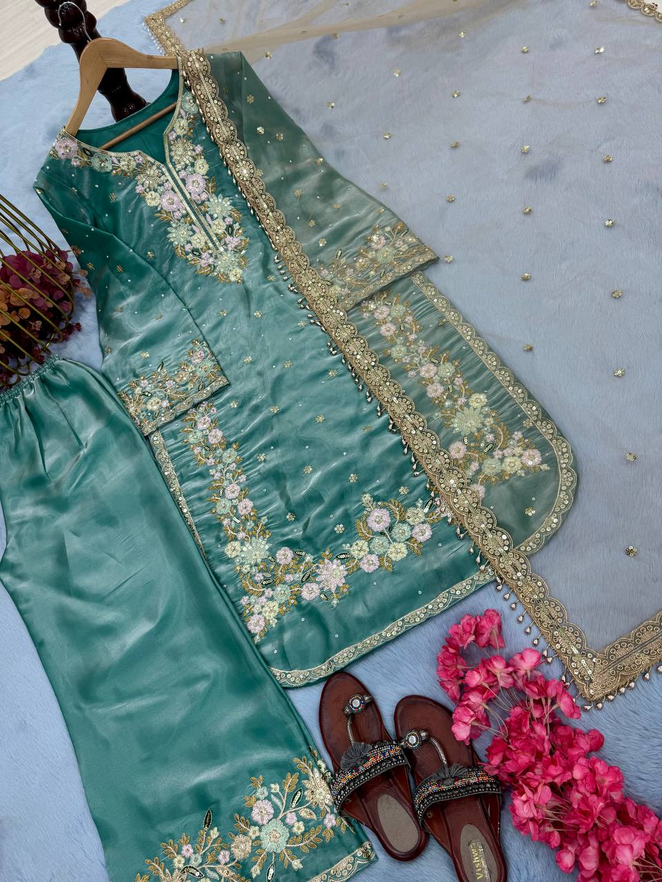 Sky Blue Designer Party Wear Chinon Silk Plazzo Set – Exquisite Embroidery & Handwork
