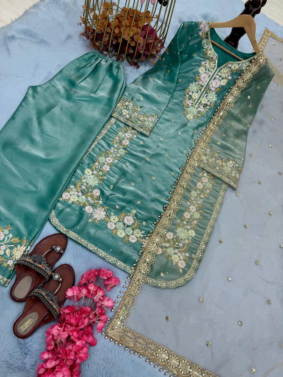 Sky Blue Designer Party Wear Chinon Silk Plazzo Set – Exquisite Embroidery & Handwork