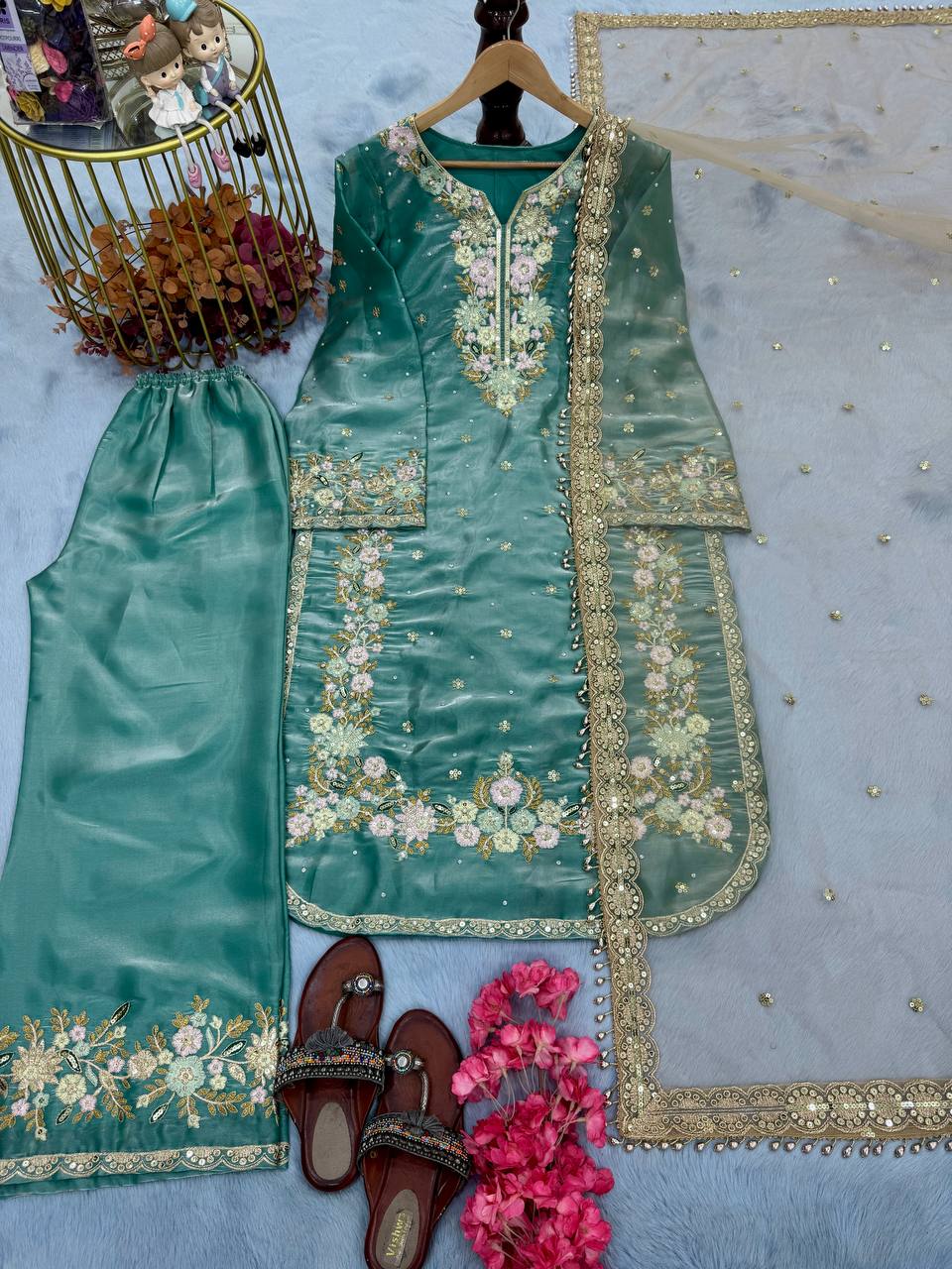 Sky Blue Designer Party Wear Chinon Silk Plazzo Set – Exquisite Embroidery & Handwork