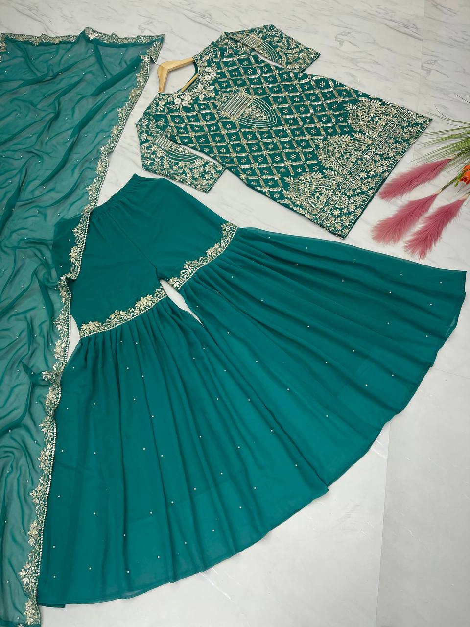 Green Designer Party Wear Top, Palazzo & Dupatta Set – Elegant Embroidered Look