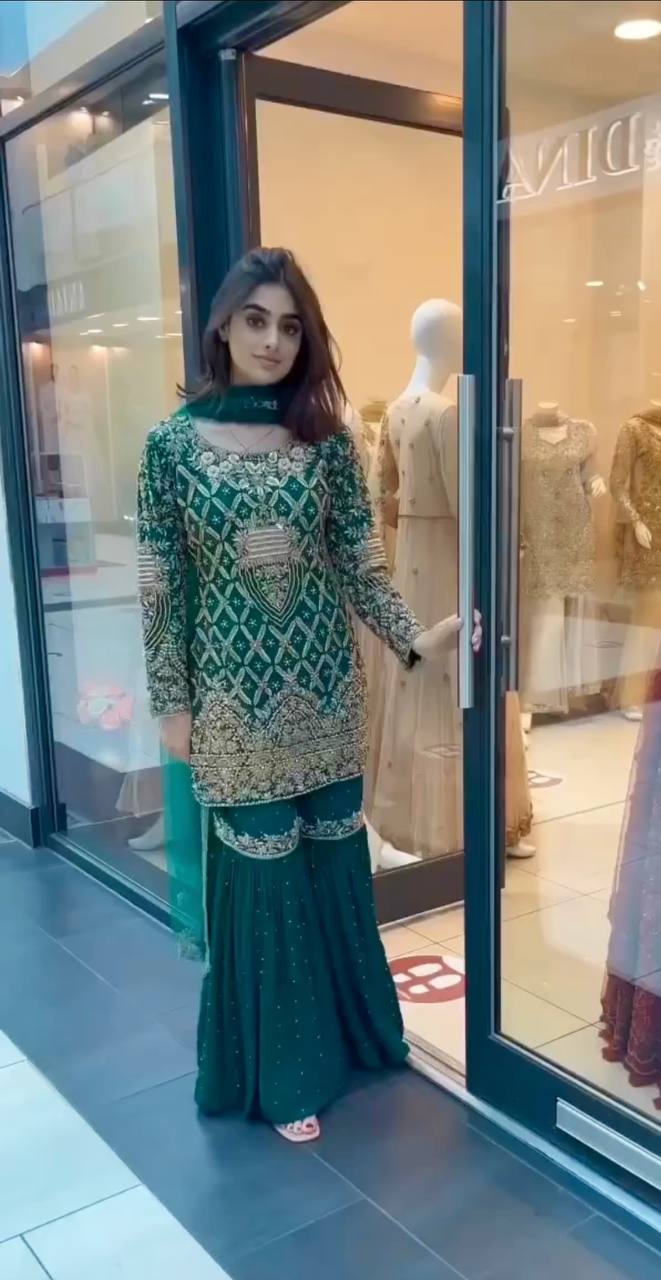 Green Designer Party Wear Top, Palazzo & Dupatta Set – Elegant Embroidered Look