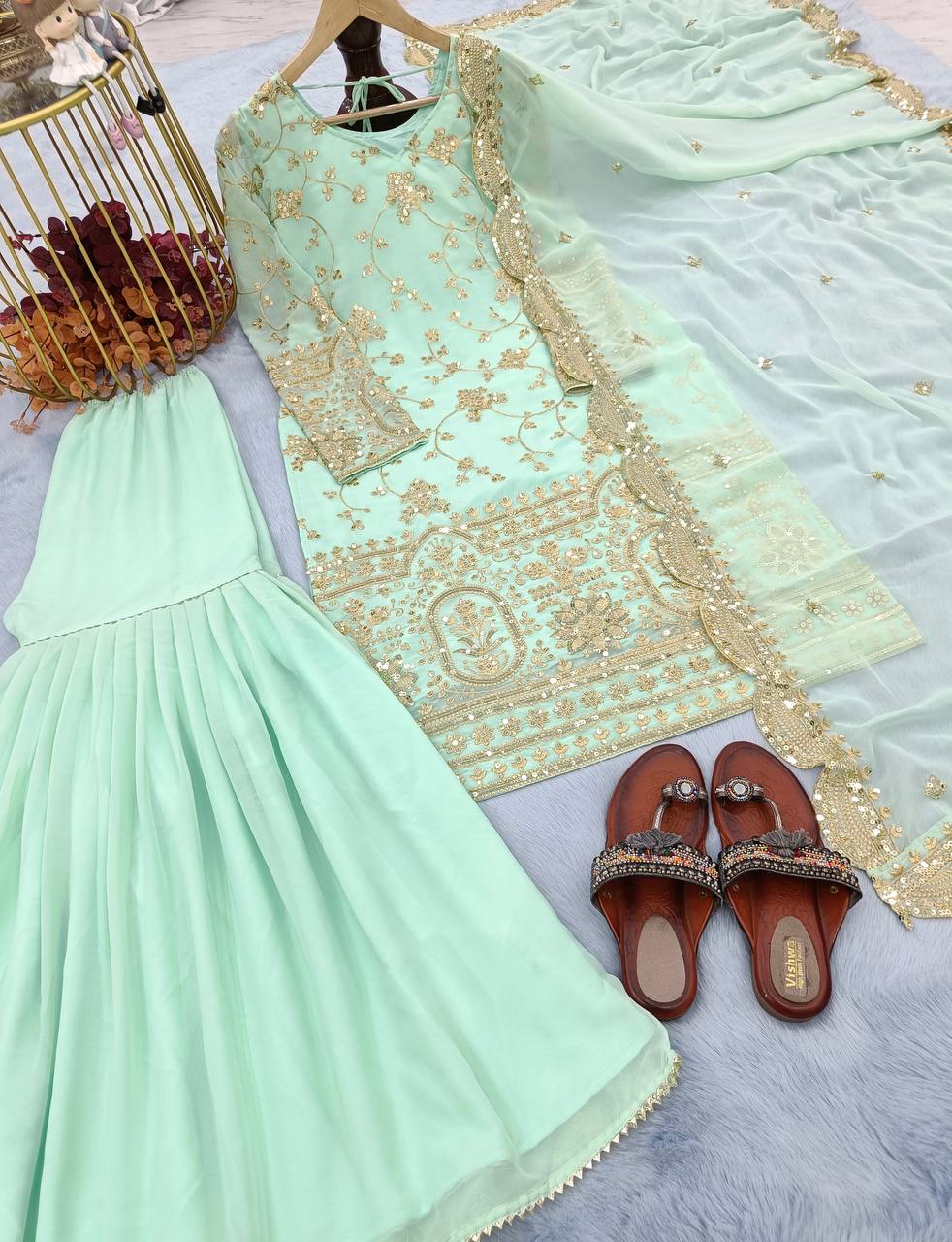 Sky Blue Designer Party Wear Top,Sharara & Dupatta Set