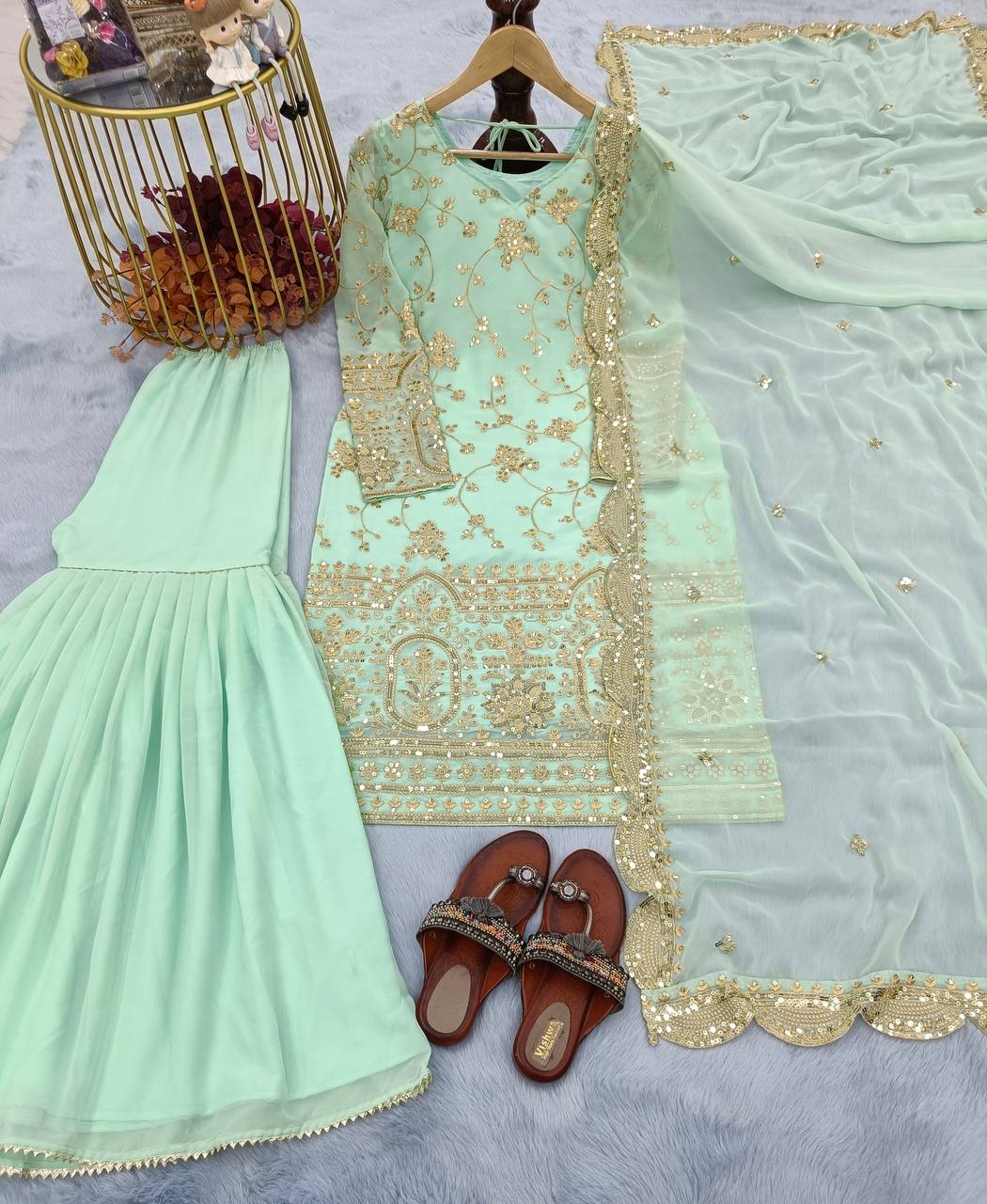 Sky Blue Designer Party Wear Top,Sharara & Dupatta Set