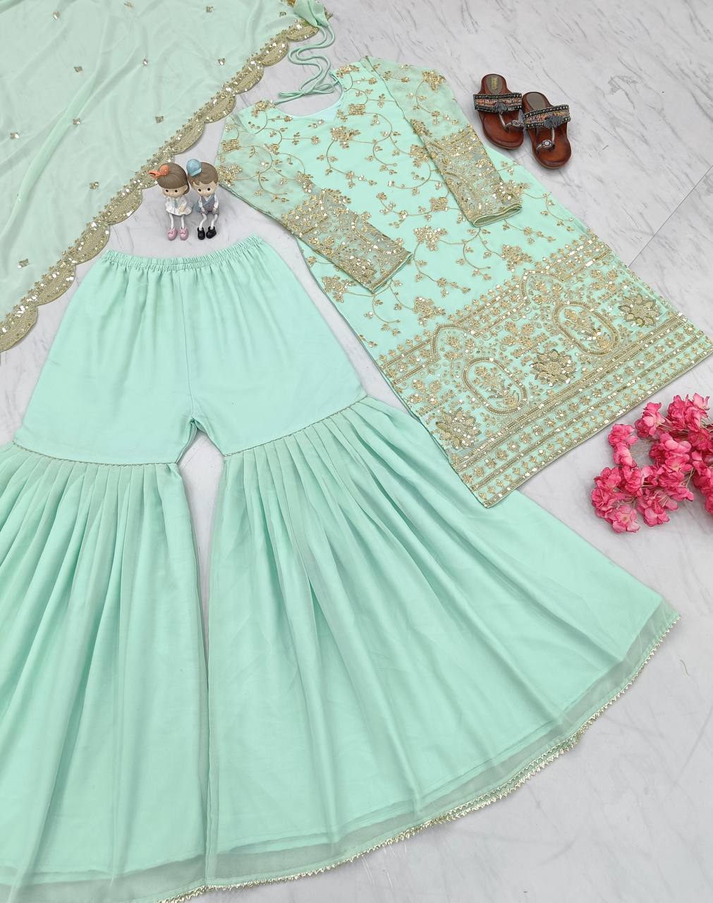 Sky Blue Designer Party Wear Top,Sharara & Dupatta Set