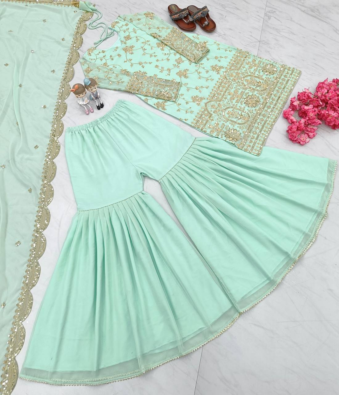 Sky Blue Designer Party Wear Top,Sharara & Dupatta Set