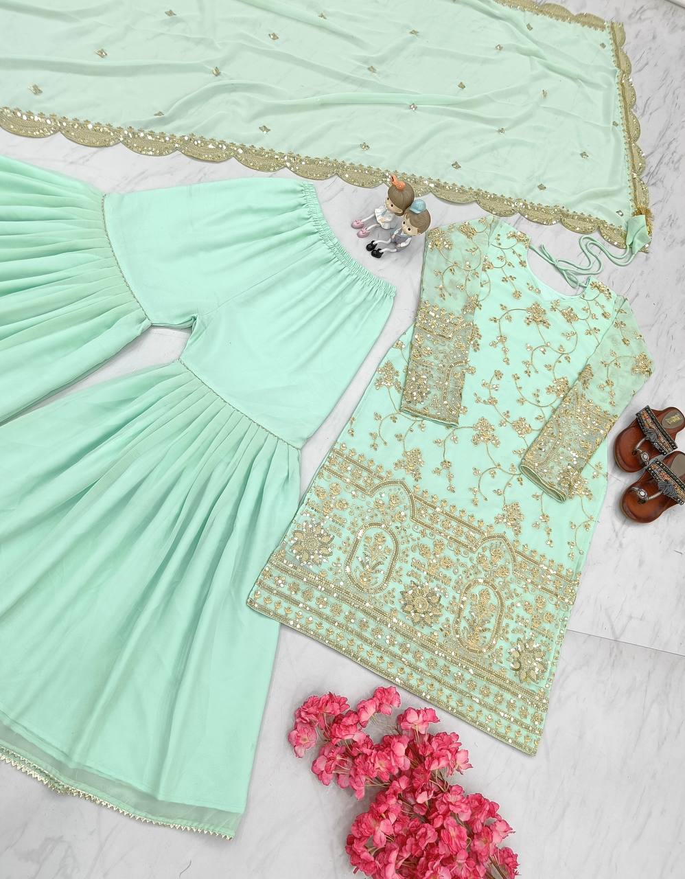 Sky Blue Designer Party Wear Top,Sharara & Dupatta Set