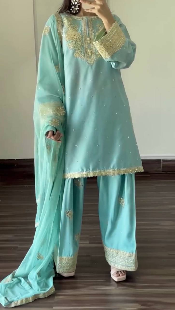 Sky Blue Designer Pure Natural Crepe Embroidered Co-Ord Set with Farshi Plazzo & Organza Dupatta