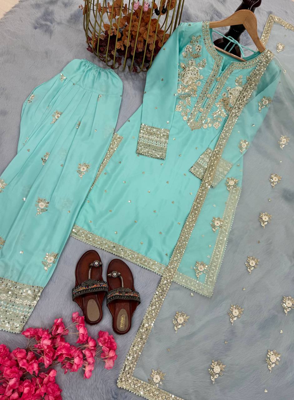 Sky Blue Designer Pure Natural Crepe Embroidered Co-Ord Set with Farshi Plazzo & Organza Dupatta
