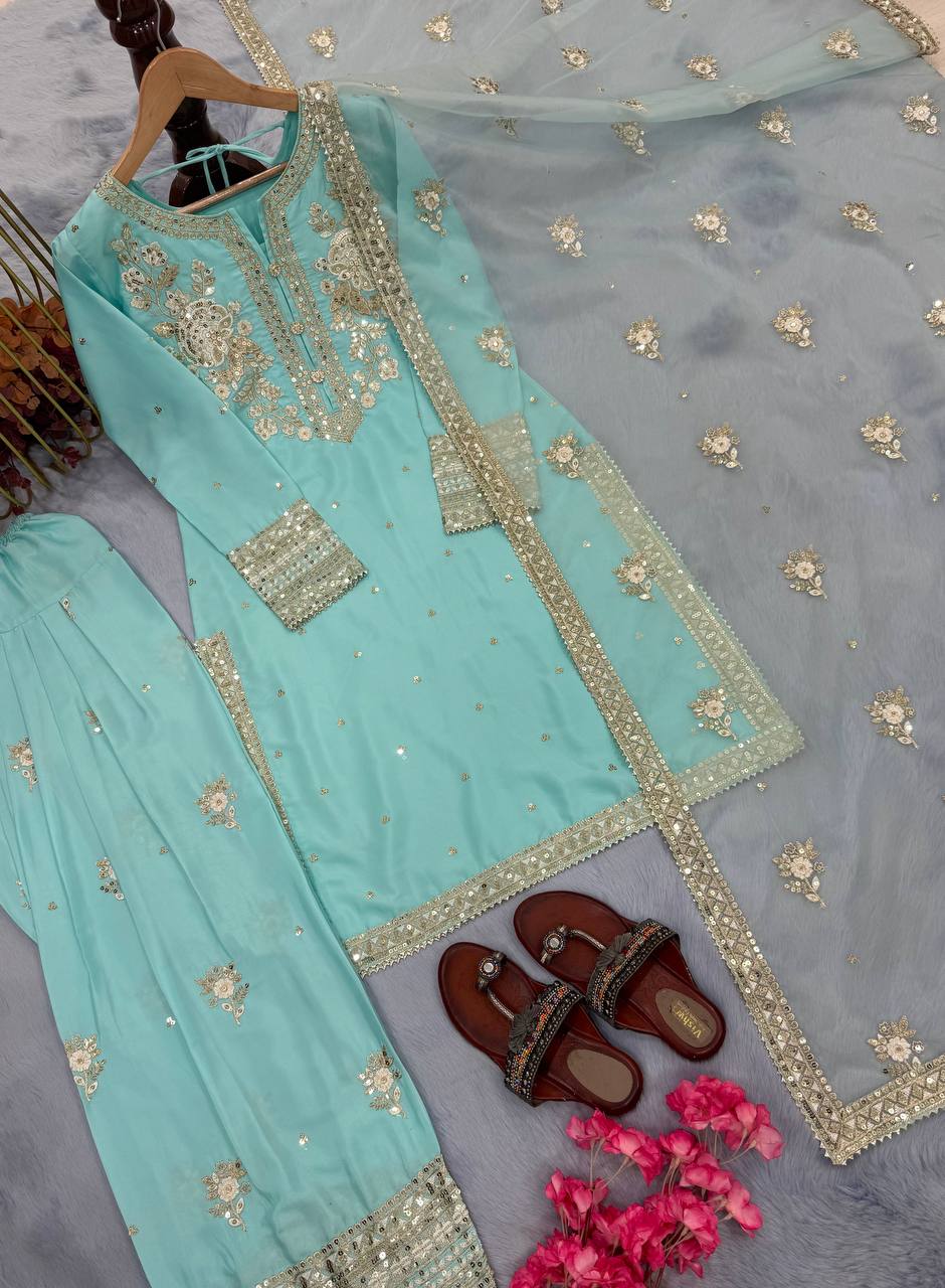Sky Blue Designer Pure Natural Crepe Embroidered Co-Ord Set with Farshi Plazzo & Organza Dupatta