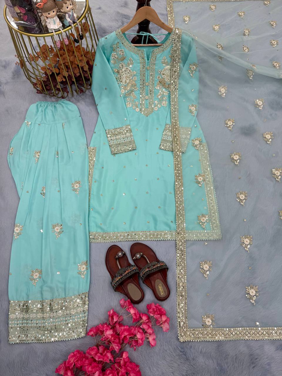 Sky Blue Designer Pure Natural Crepe Embroidered Co-Ord Set with Farshi Plazzo & Organza Dupatta