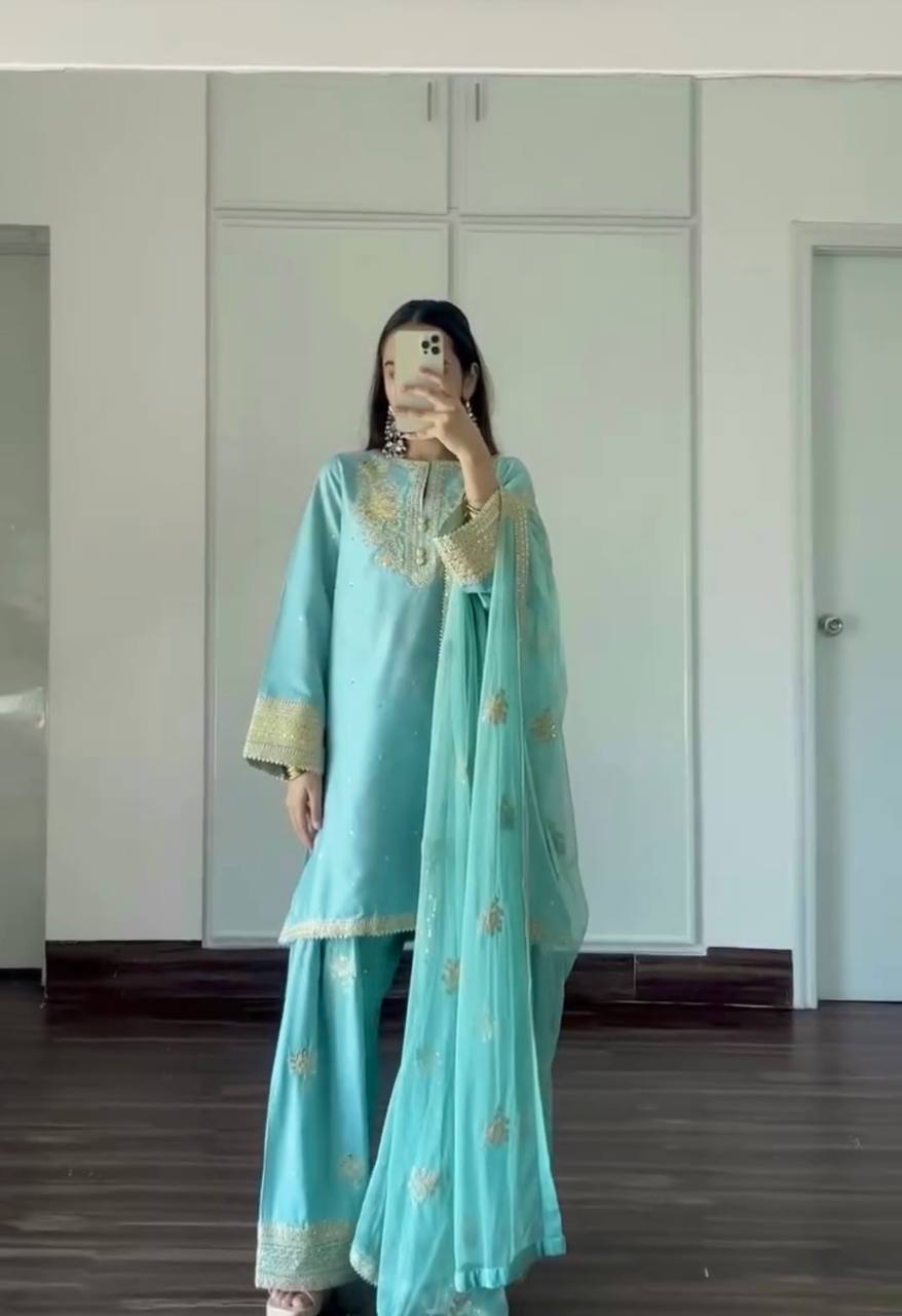 Sky Blue Designer Pure Natural Crepe Embroidered Co-Ord Set with Farshi Plazzo & Organza Dupatta