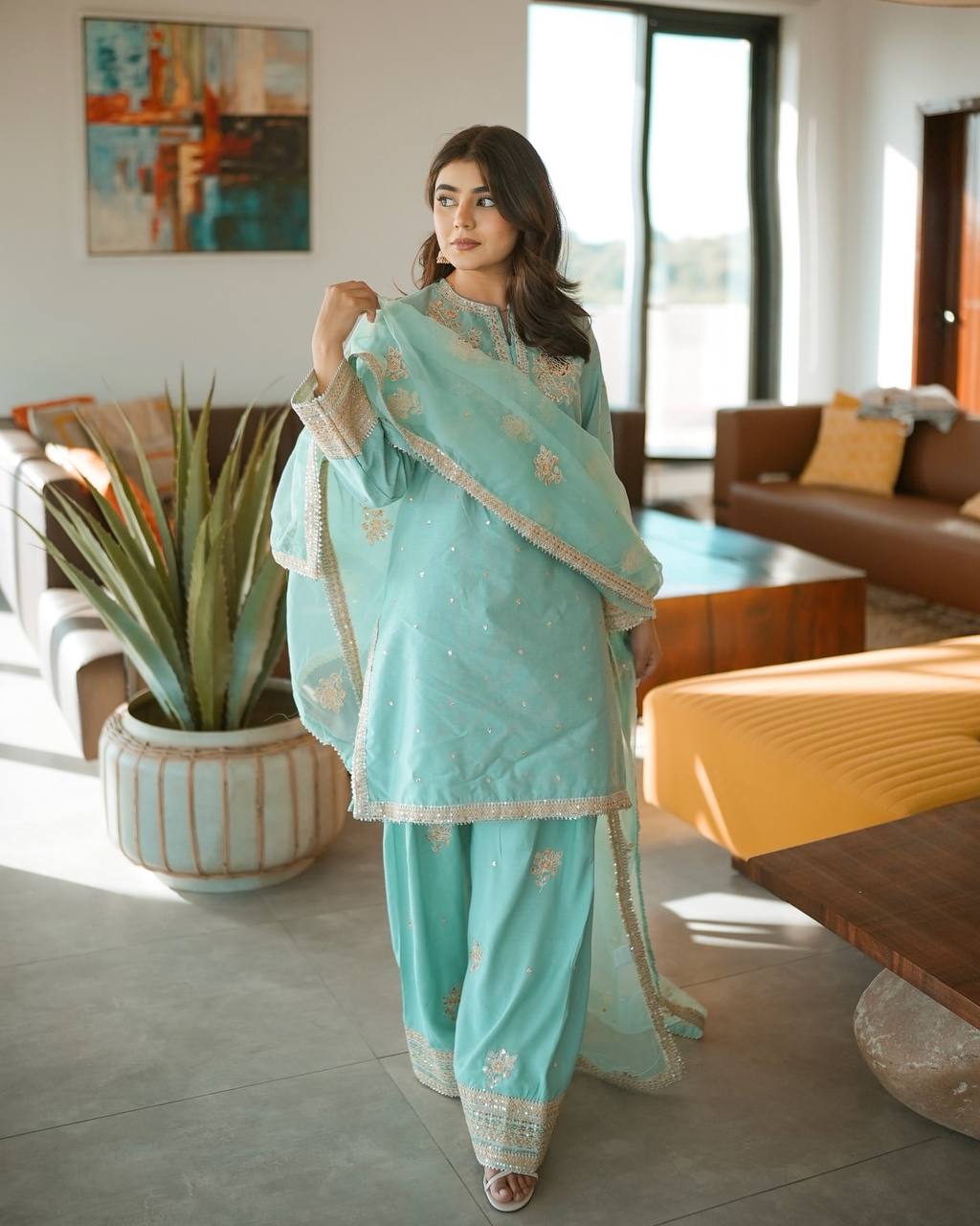 Sky Blue Designer Pure Natural Crepe Embroidered Co-Ord Set with Farshi Plazzo & Organza Dupatta