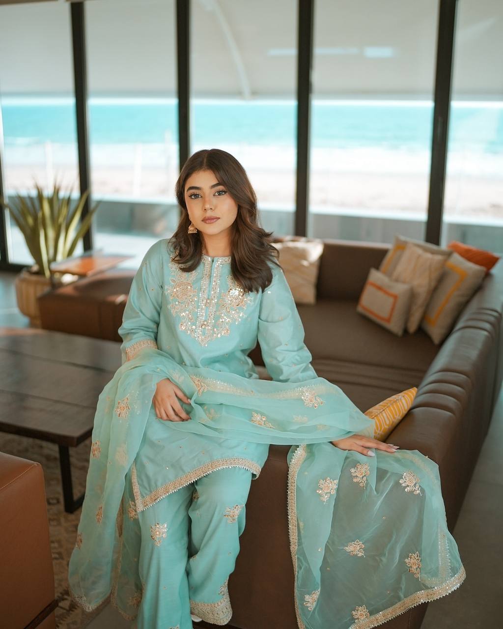 Sky Blue Designer Pure Natural Crepe Embroidered Co-Ord Set with Farshi Plazzo & Organza Dupatta