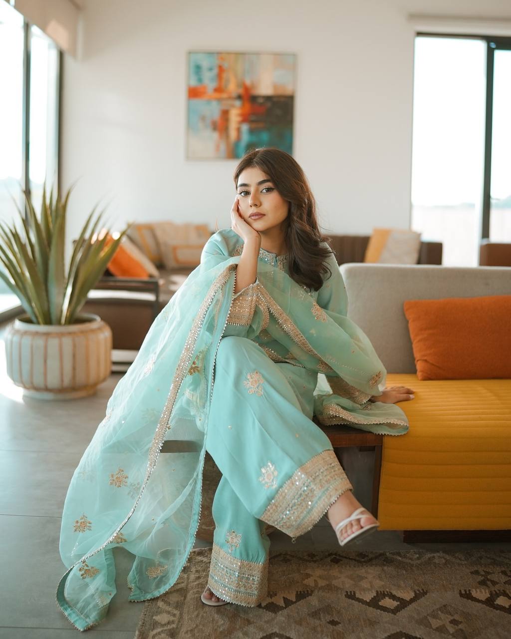 Sky Blue Designer Pure Natural Crepe Embroidered Co-Ord Set with Farshi Plazzo & Organza Dupatta