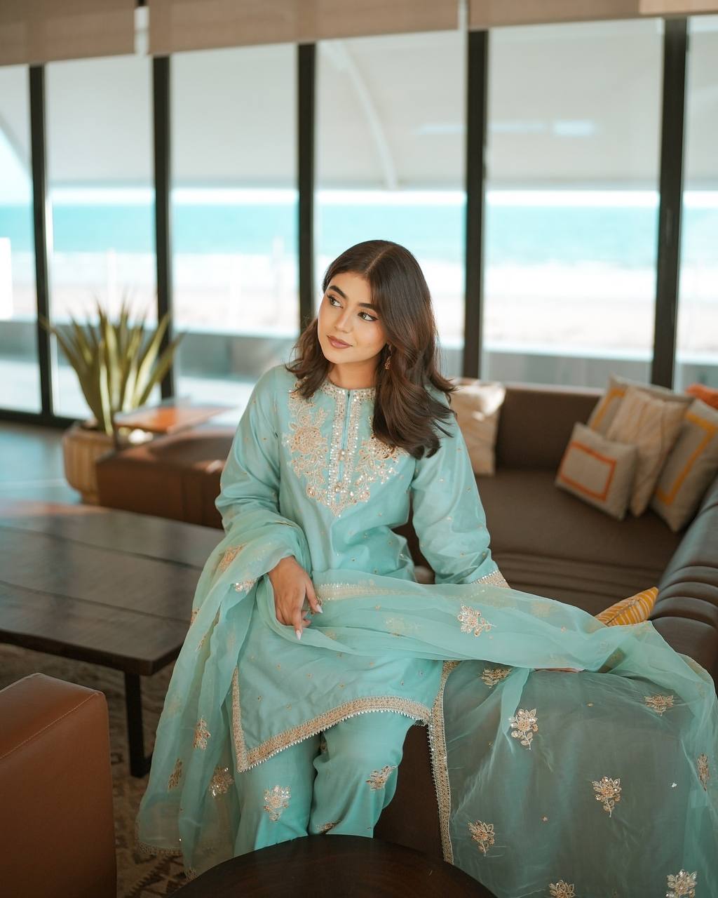 Sky Blue Designer Pure Natural Crepe Embroidered Co-Ord Set with Farshi Plazzo & Organza Dupatta