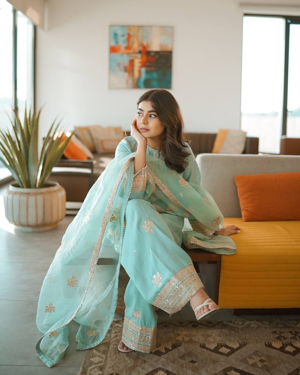 Sky Blue Designer Pure Natural Crepe Embroidered Co-Ord Set with Farshi Plazzo & Organza Dupatta