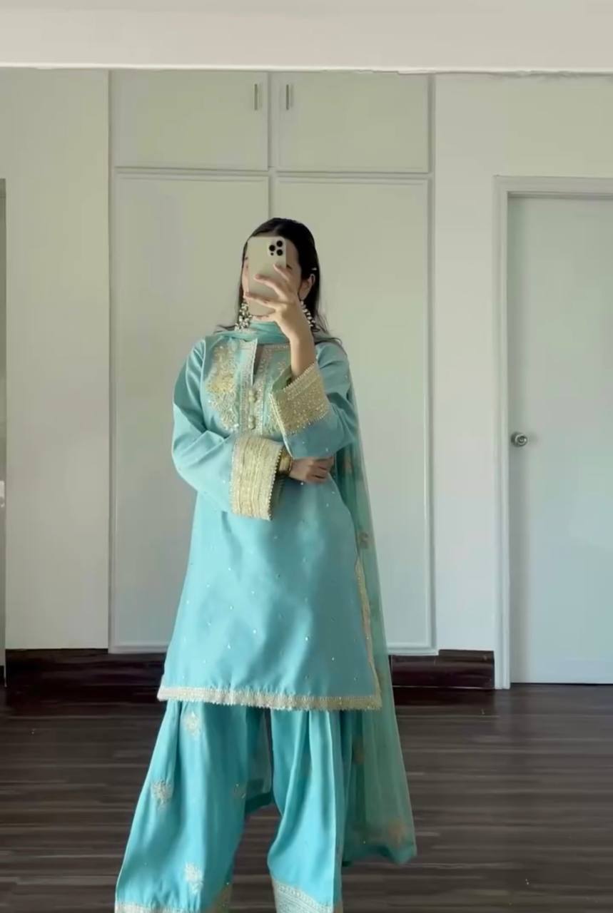 Sky Blue Designer Pure Natural Crepe Embroidered Co-Ord Set with Farshi Plazzo & Organza Dupatta