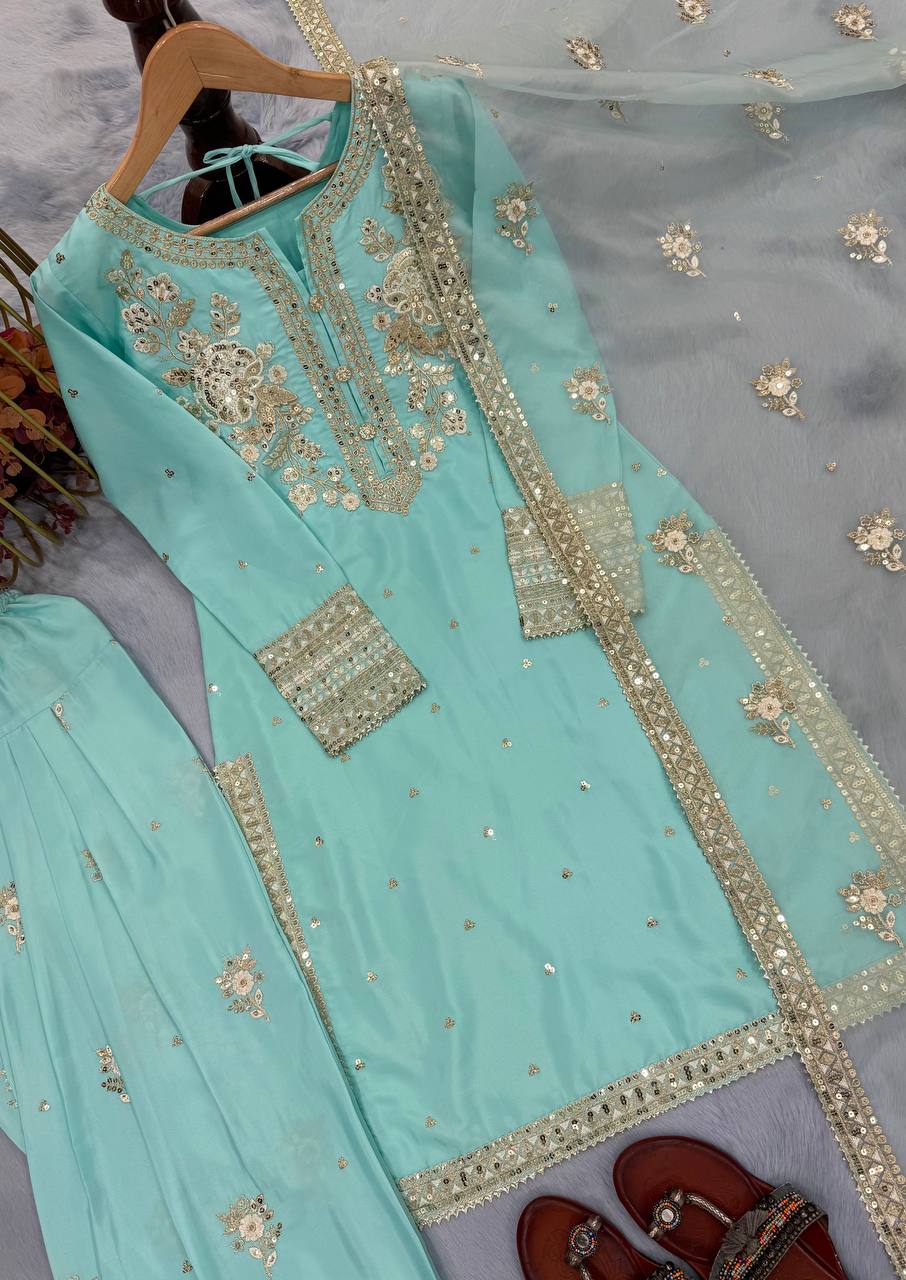 Sky Blue Designer Pure Natural Crepe Embroidered Co-Ord Set with Farshi Plazzo & Organza Dupatta