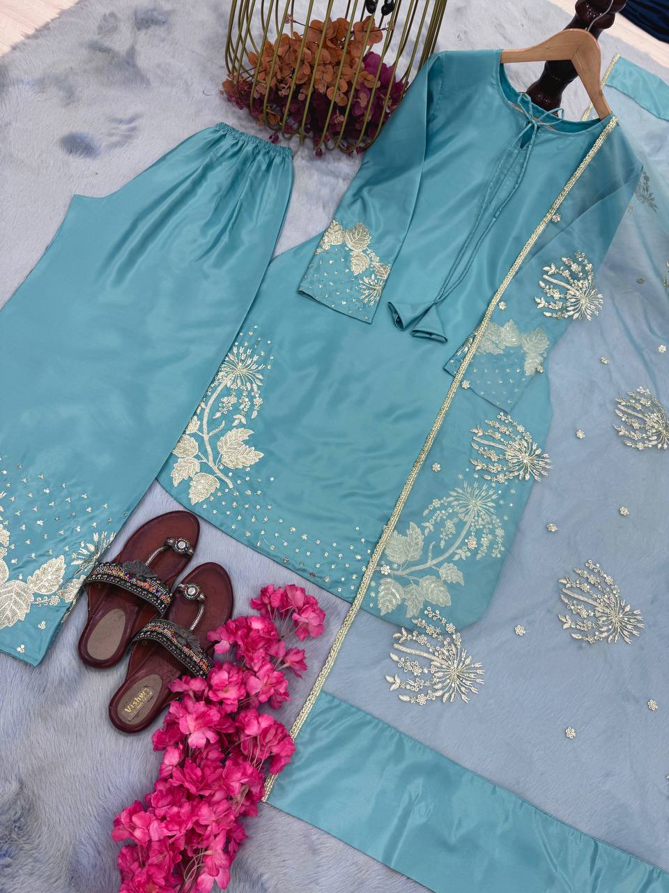 Sky Blue Designer Pure Natural Crepe Embroidered Suit Set with Tassel Detail & Organza Dupatta