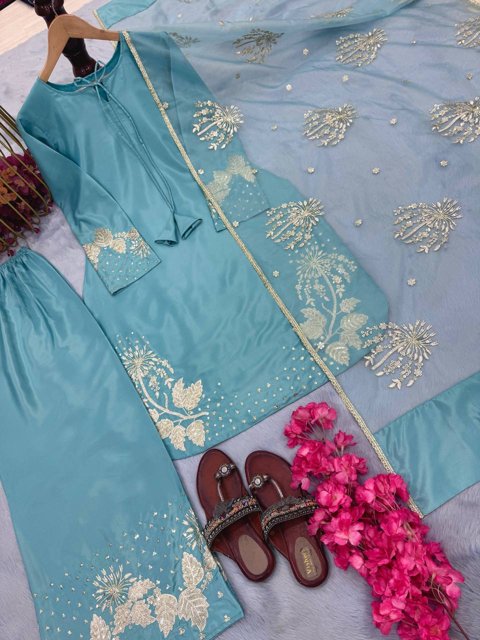 Sky Blue Designer Pure Natural Crepe Embroidered Suit Set with Tassel Detail & Organza Dupatta