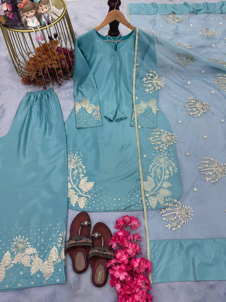 Sky Blue Designer Pure Natural Crepe Embroidered Suit Set with Tassel Detail & Organza Dupatta